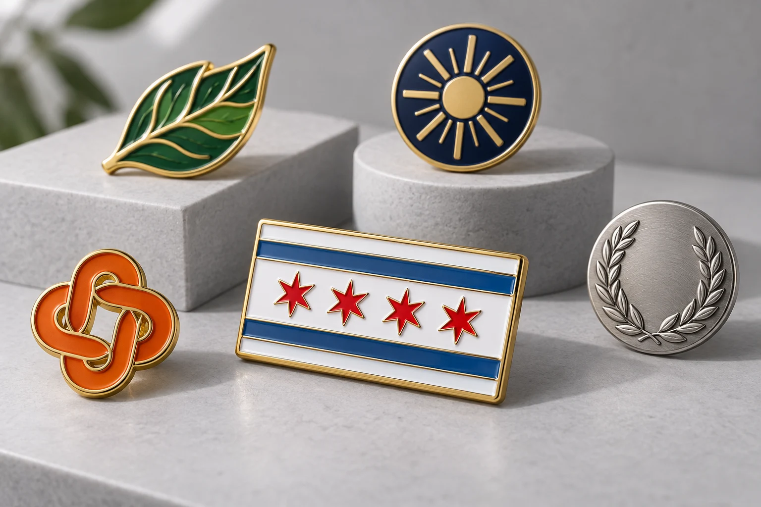 Illustrative custom enamel and metal pin designs